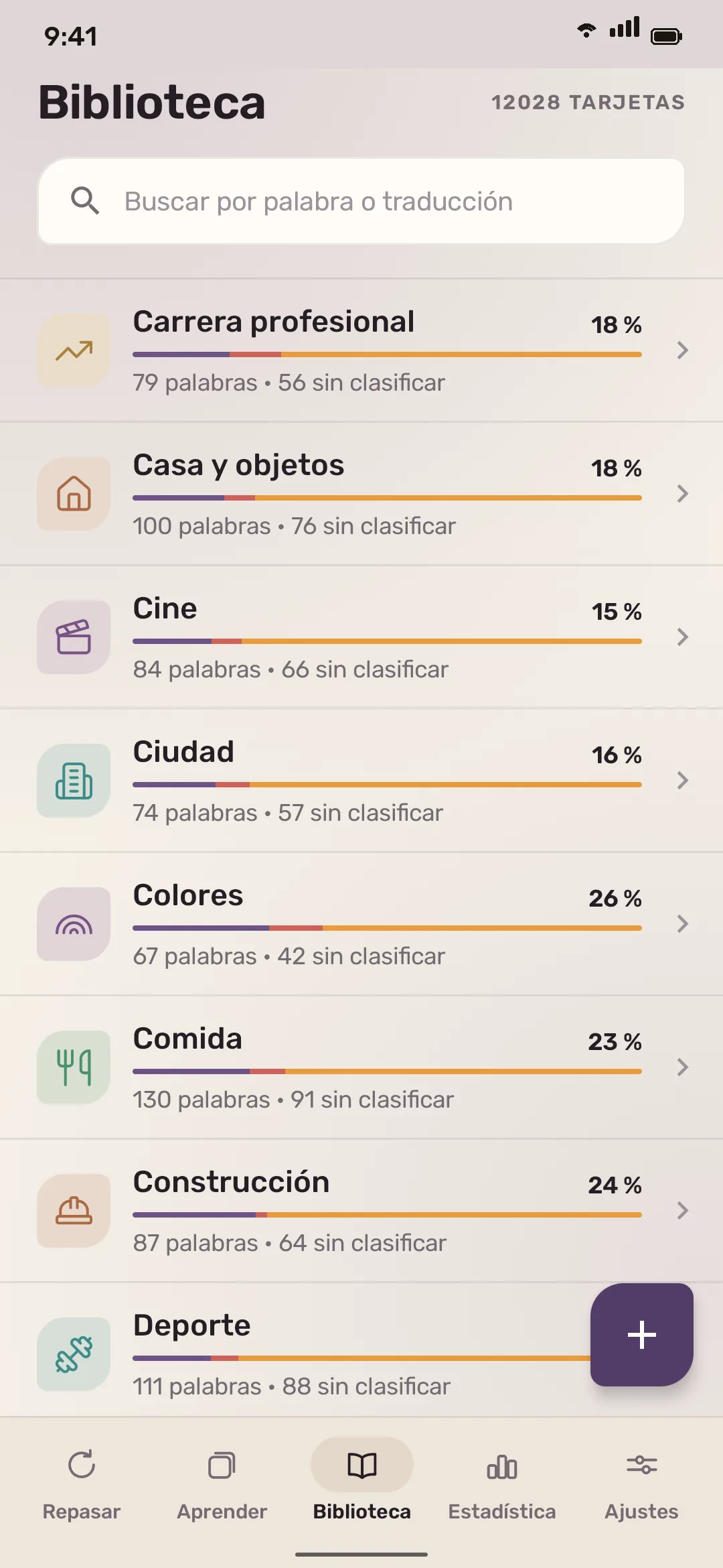 The REKURA library: sets by level and topic, and your progress