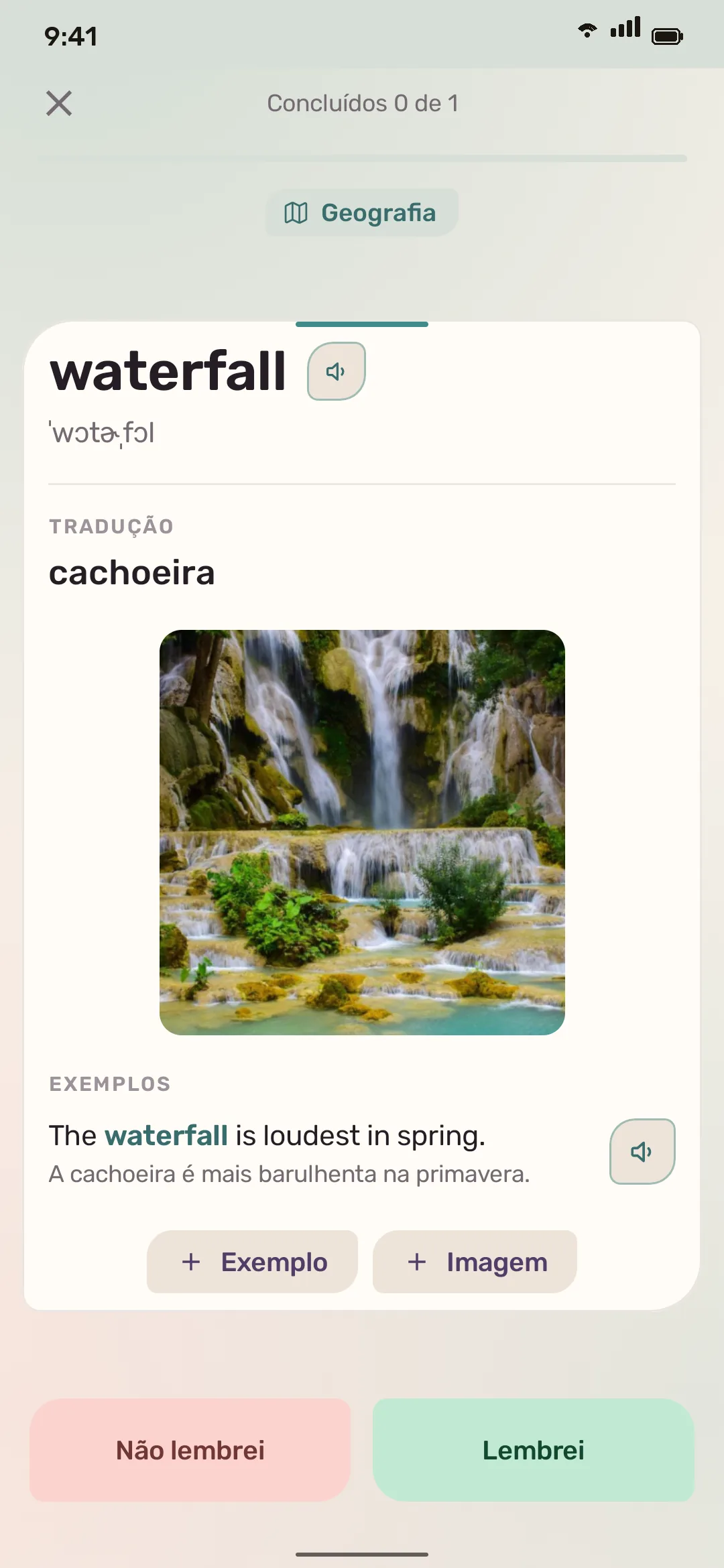 O cartão waterfall: a tradução, uma foto e um exemplo em inglês