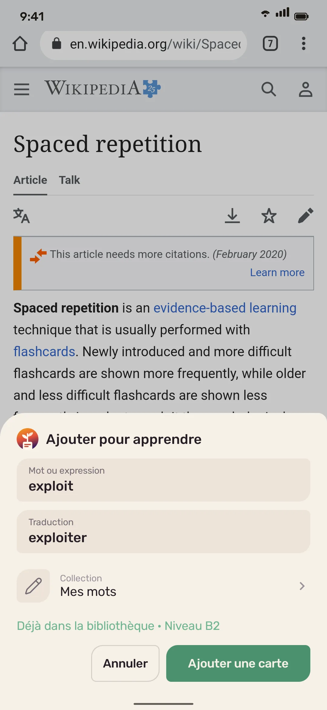 Enregistrer un mot anglais depuis un article