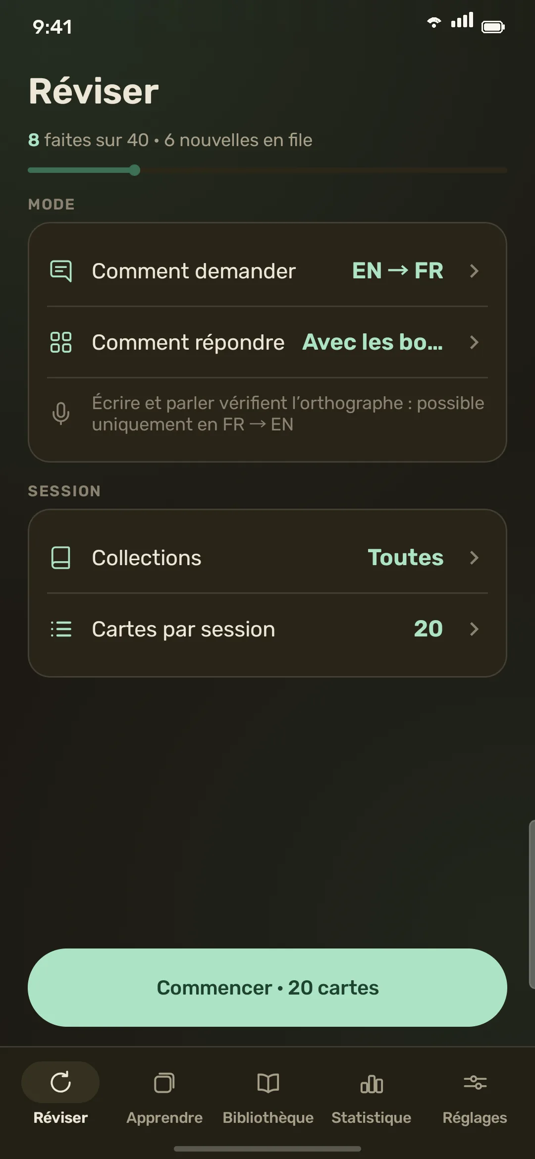 Réglages de révision en thème sombre