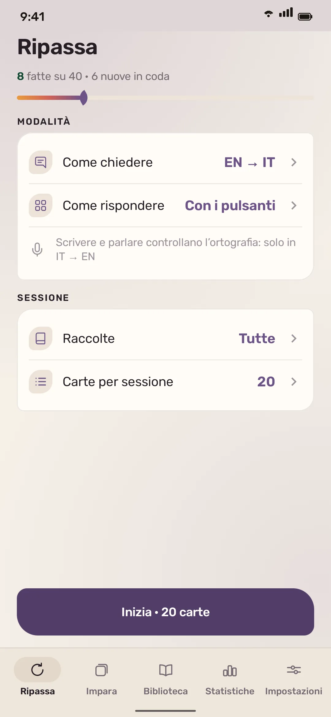 Ripassi e impostazioni della sessione di studio