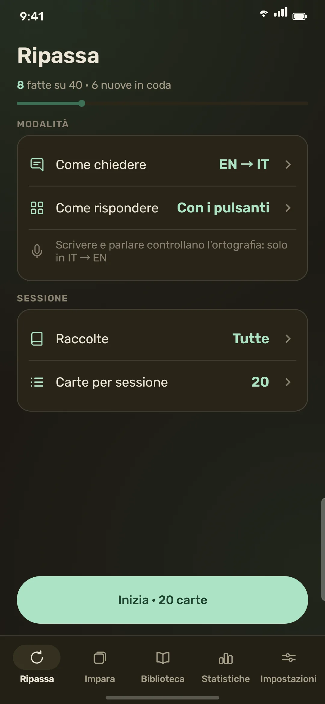 Impostazioni di ripasso nel tema scuro