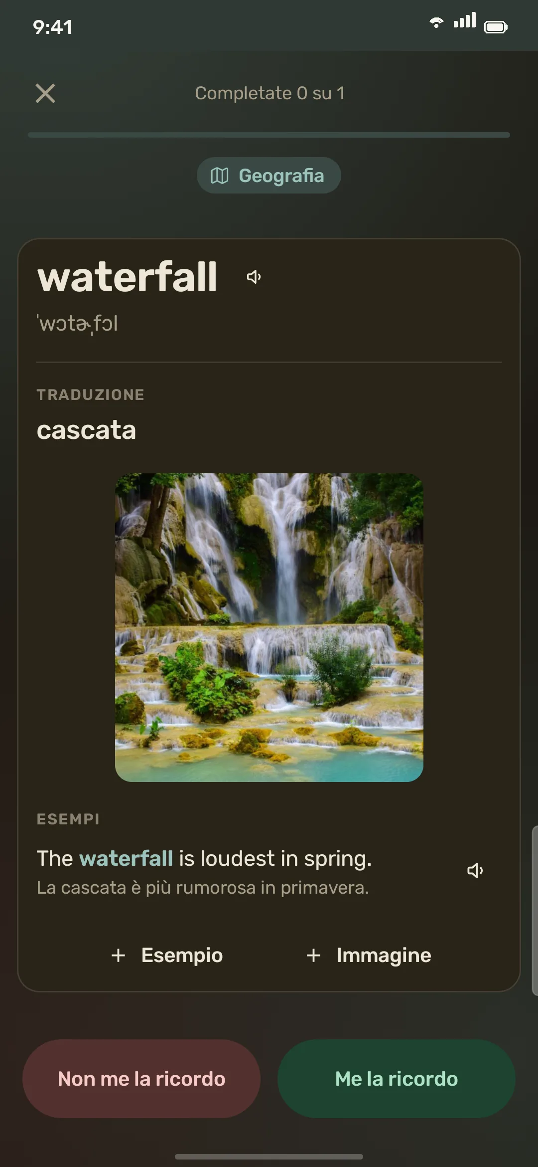 La carta waterfall con un esempio nel tema scuro